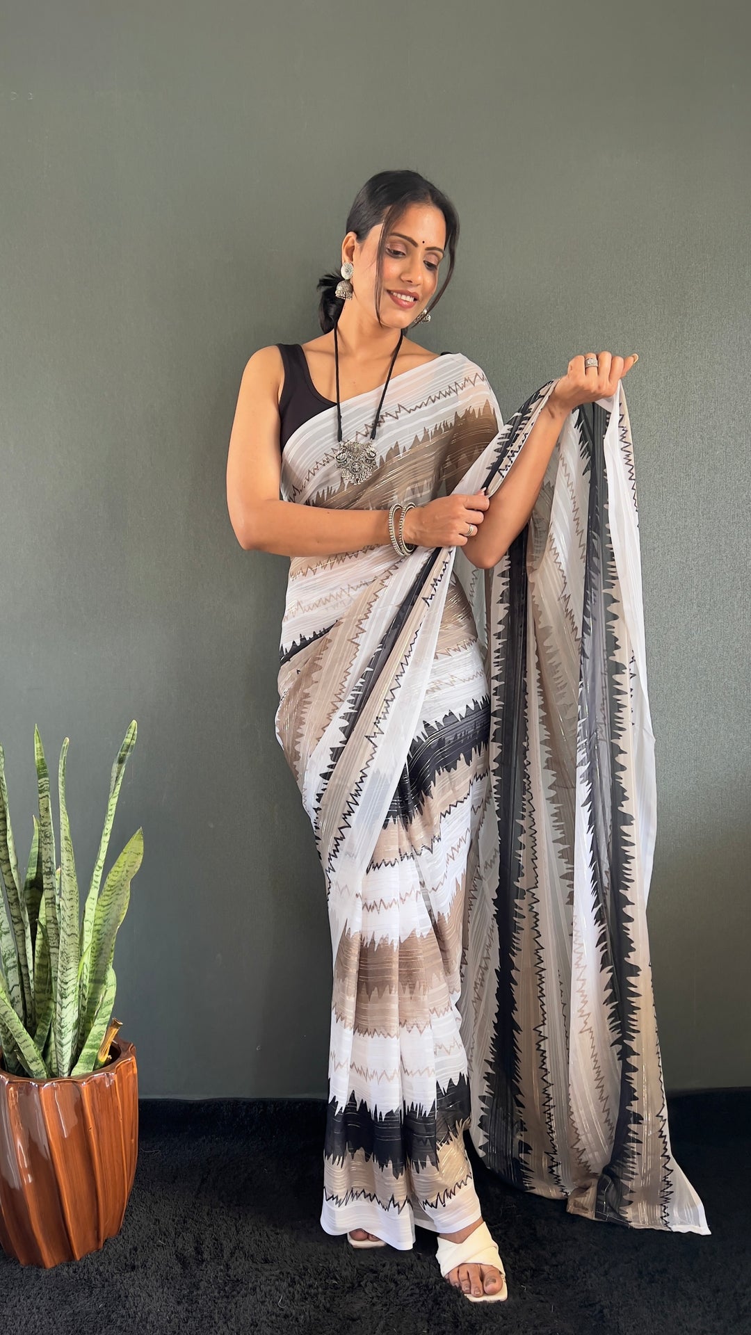 White-Black Color Naylone Saree With Beautiful Blouse