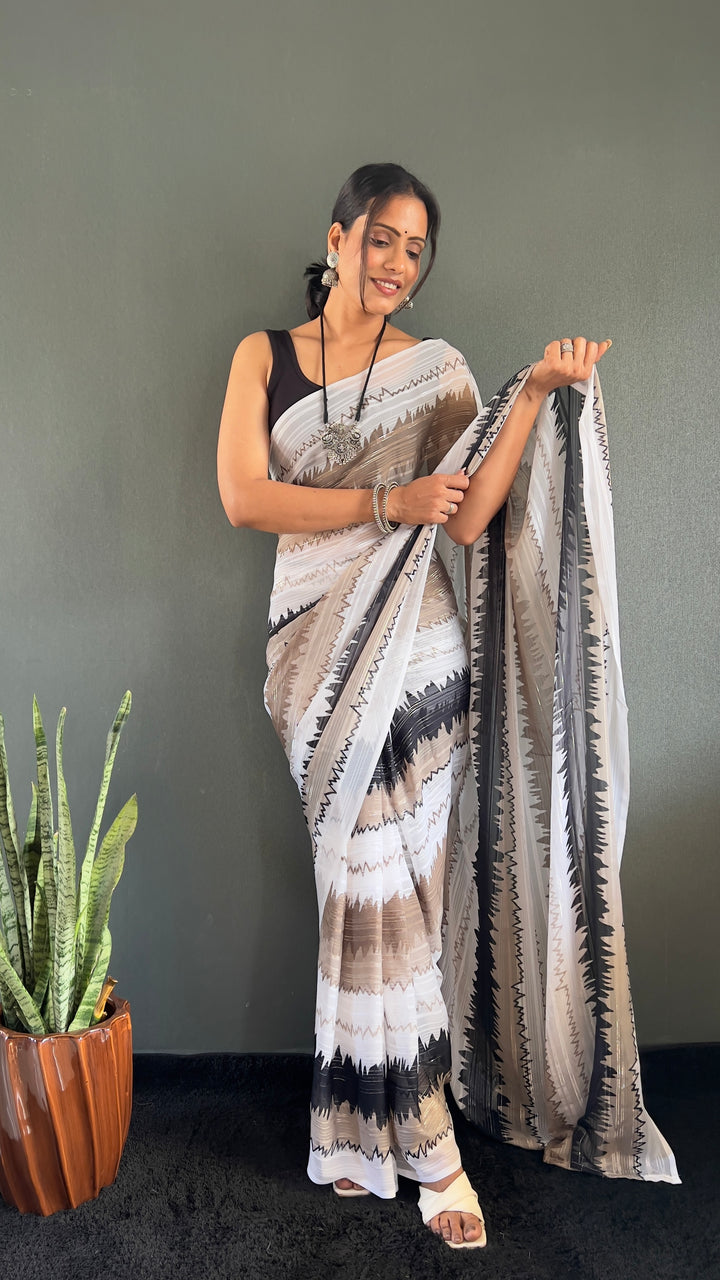 White-Black Color Naylone Saree With Beautiful Blouse