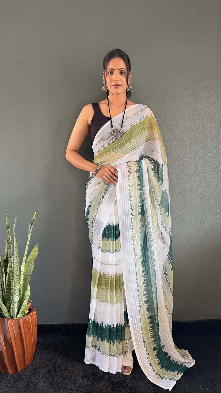 White-Green Color Naylone Saree With Beautiful Blouse