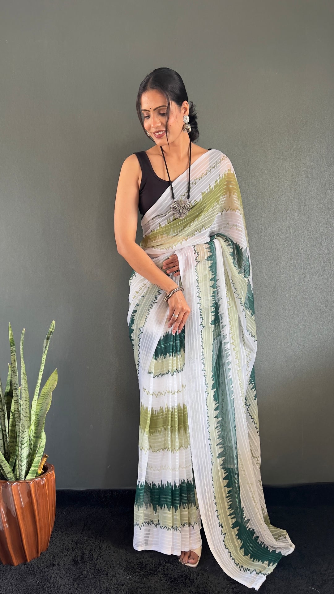 White-Green Color Naylone Saree With Beautiful Blouse