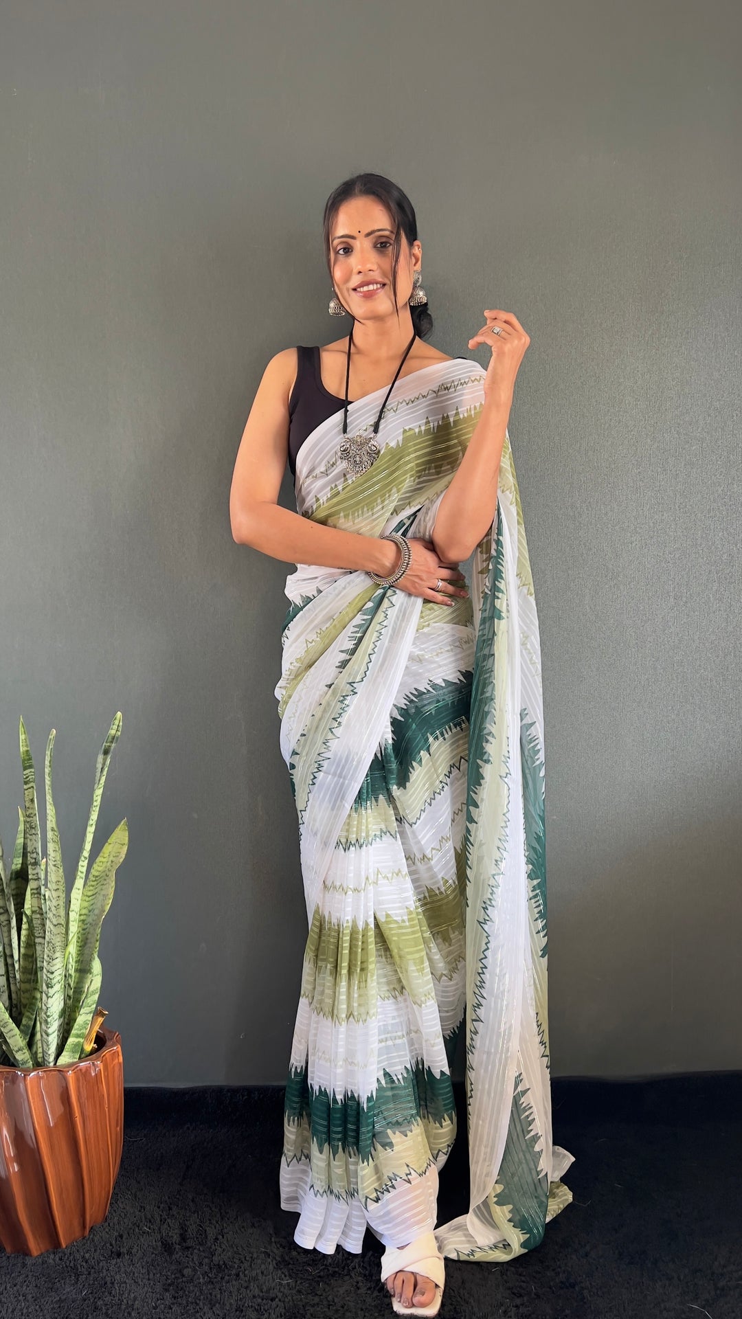 White-Green Color Naylone Saree With Beautiful Blouse