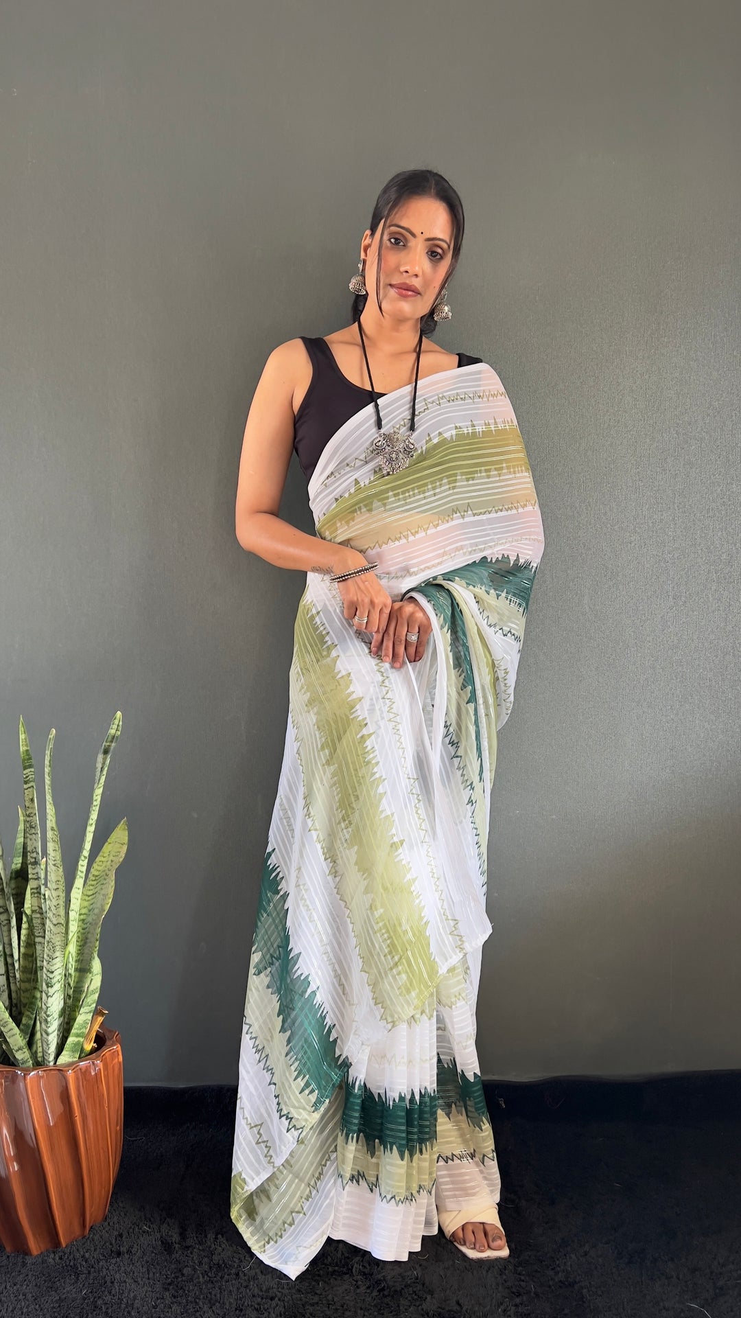 White-Green Color Naylone Saree With Beautiful Blouse