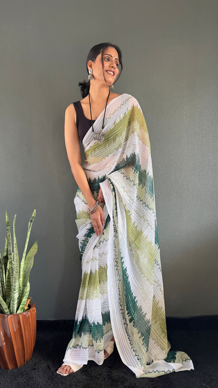 White-Green Color Naylone Saree With Beautiful Blouse