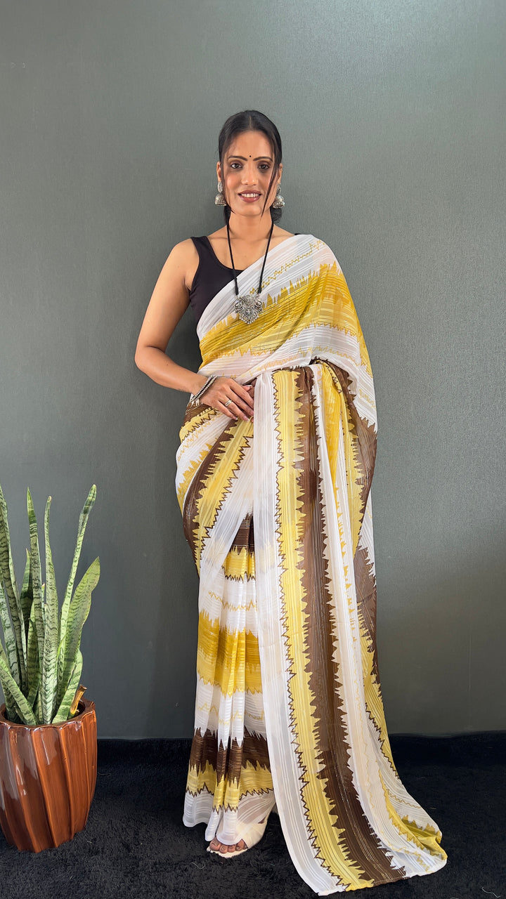 Yellow-Brown Color Naylone Saree With Beautiful Blouse