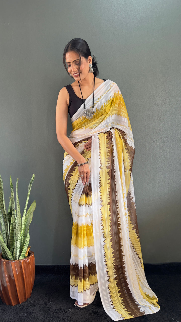 Yellow-Brown Color Naylone Saree With Beautiful Blouse