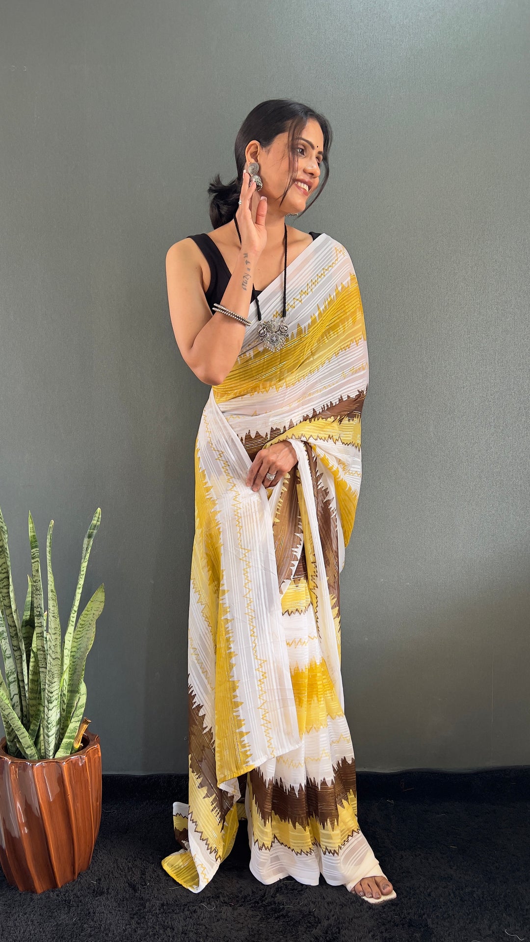 Yellow-Brown Color Naylone Saree With Beautiful Blouse