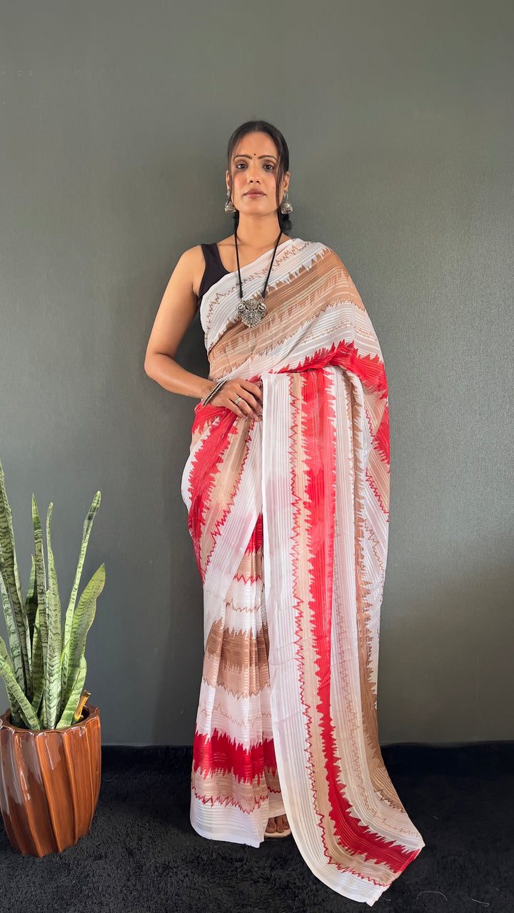 White-Red Color Naylone Saree With Beautiful Blouse