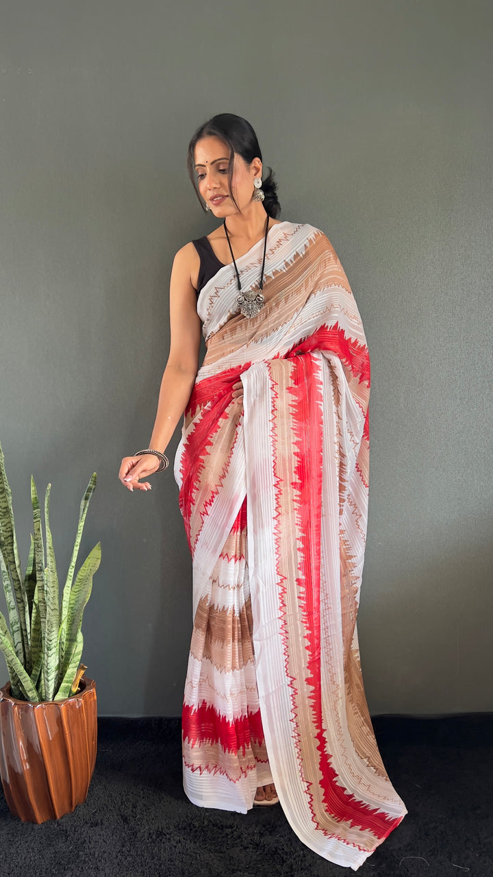 White-Red Color Naylone Saree With Beautiful Blouse