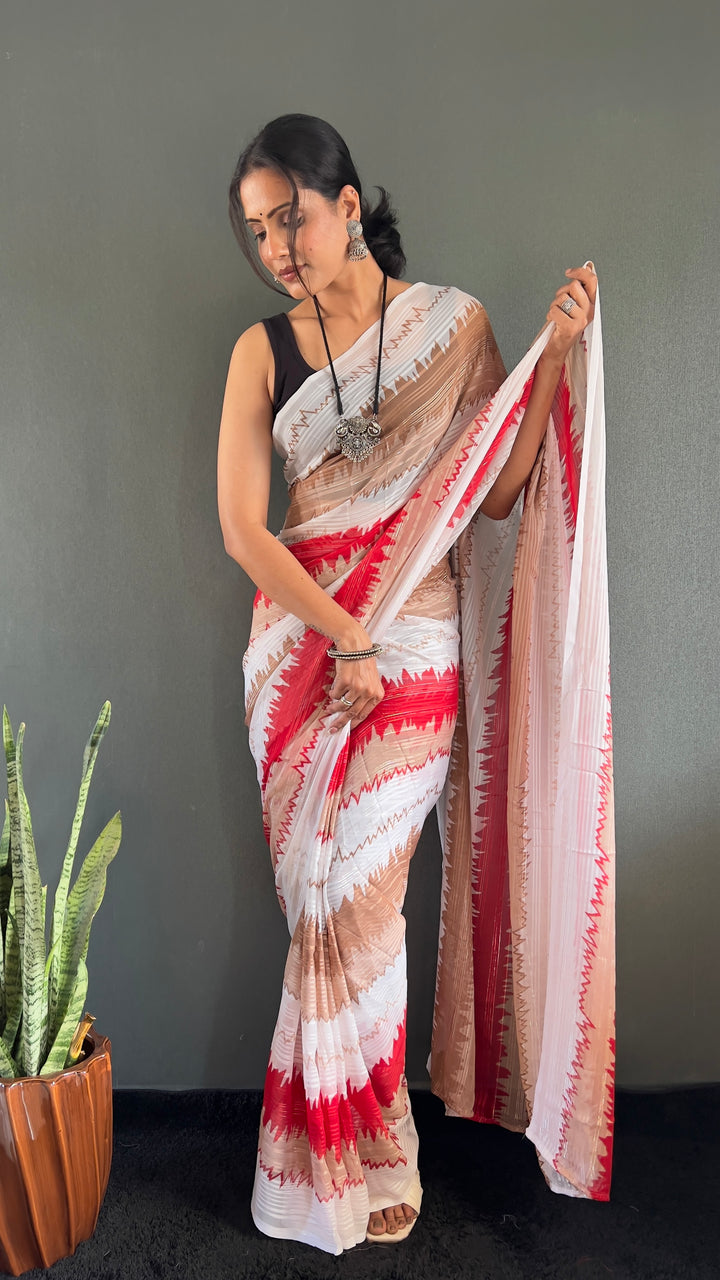 White-Red Color Naylone Saree With Beautiful Blouse