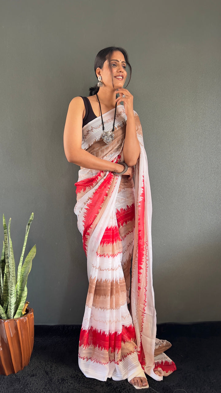 White-Red Color Naylone Saree With Beautiful Blouse