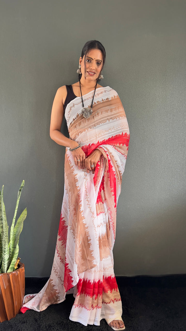 White-Red Color Naylone Saree With Beautiful Blouse
