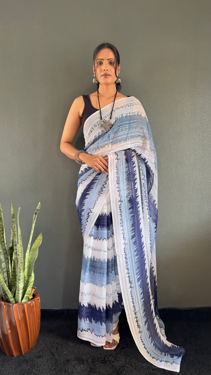 White-Blue Color Naylone Saree With Beautiful Blouse