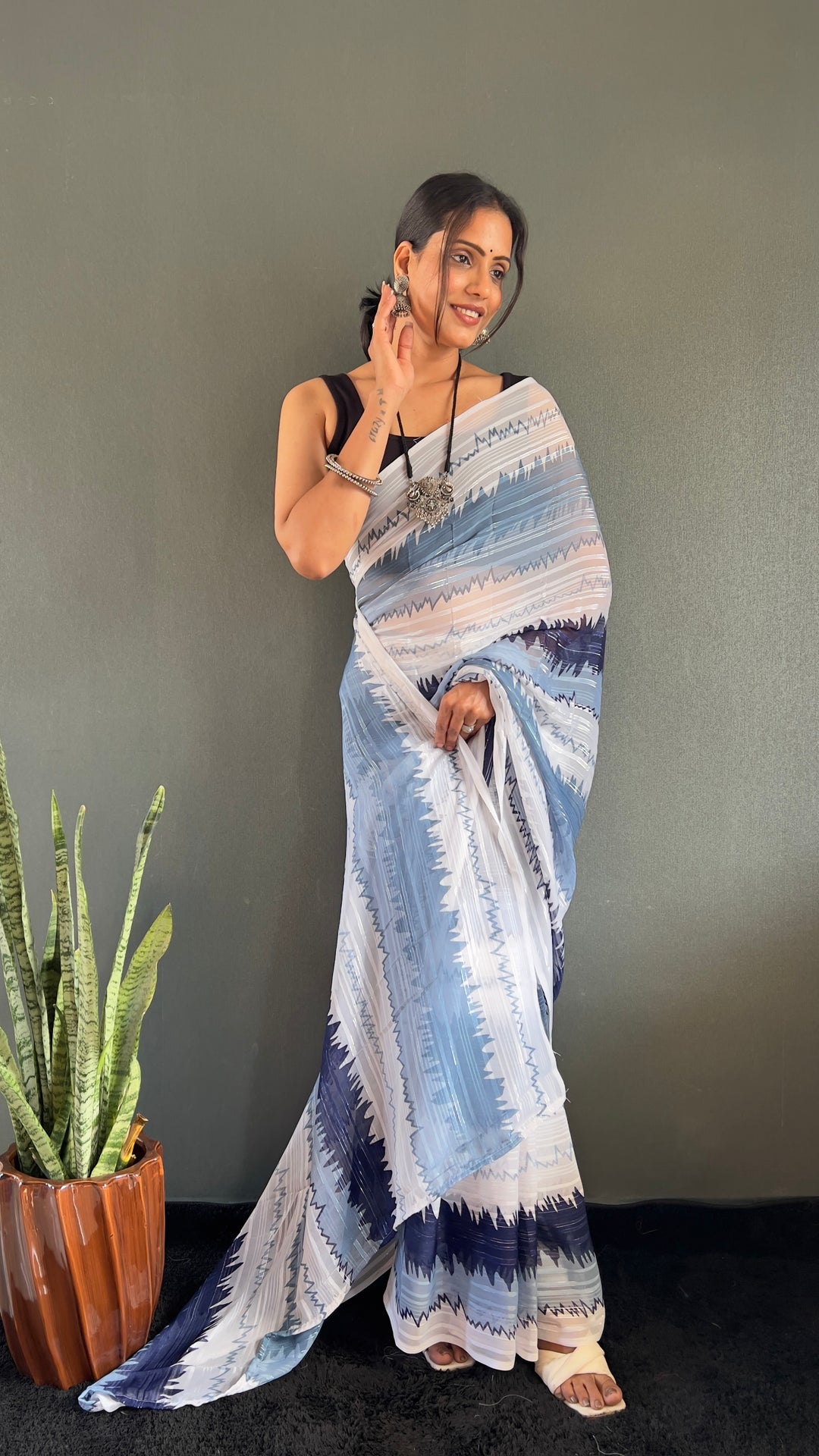 White-Blue Color Naylone Saree With Beautiful Blouse