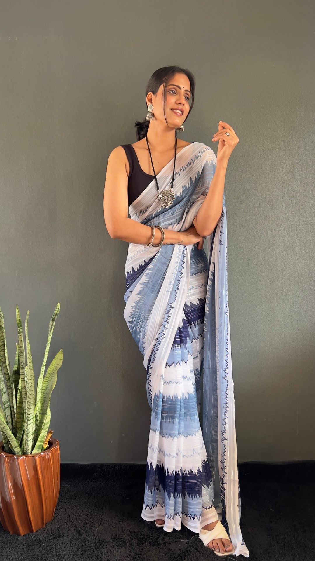 White-Blue Color Naylone Saree With Beautiful Blouse