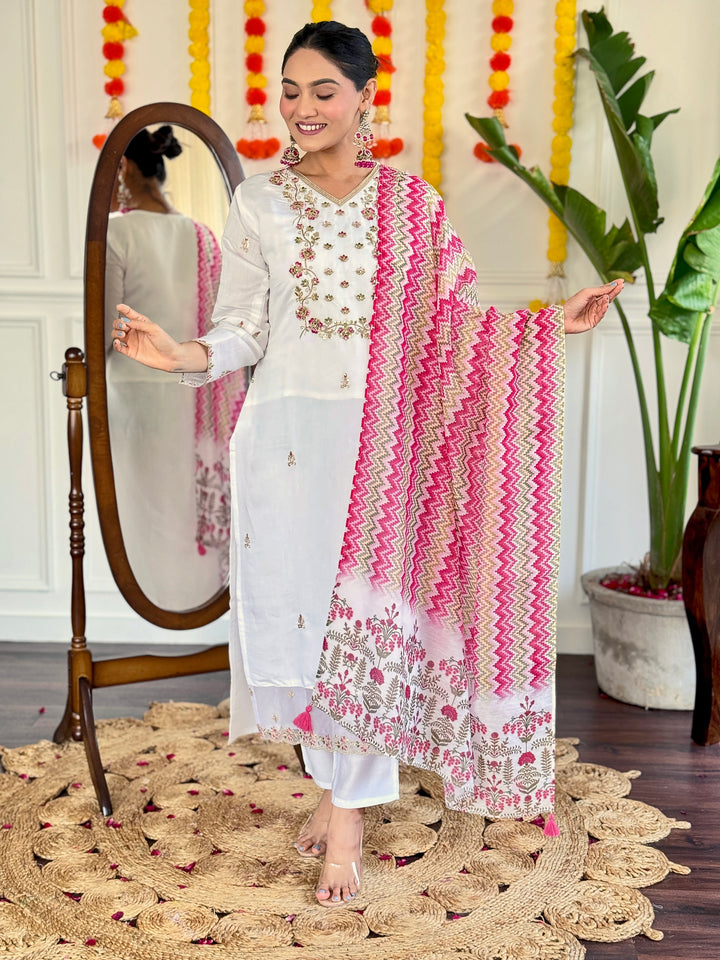 White Color Viscose Chanderi Embroidered Straight Kurta with Pant And Dupatta Sets