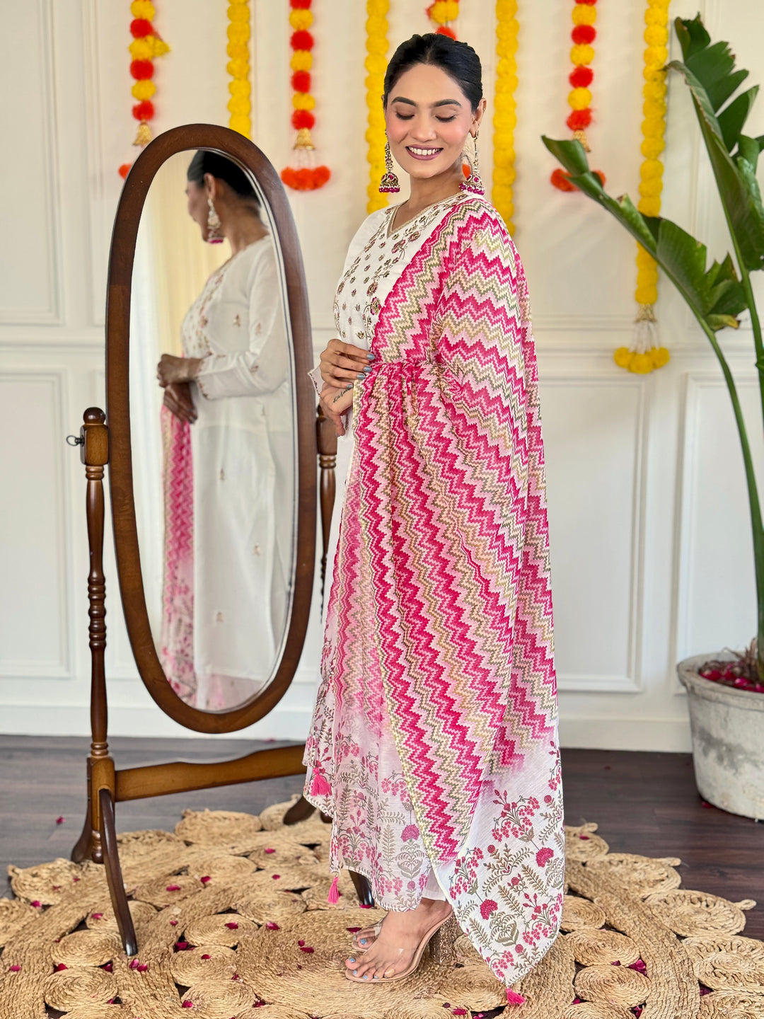 White Color Viscose Chanderi Embroidered Straight Kurta with Pant And Dupatta Sets