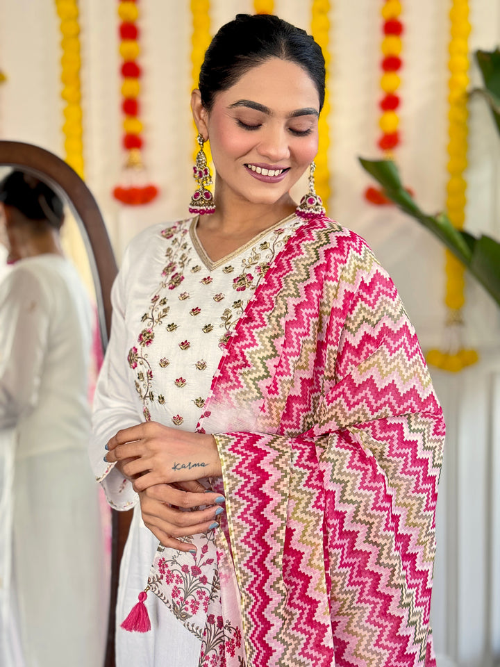 White Color Viscose Chanderi Embroidered Straight Kurta with Pant And Dupatta Sets