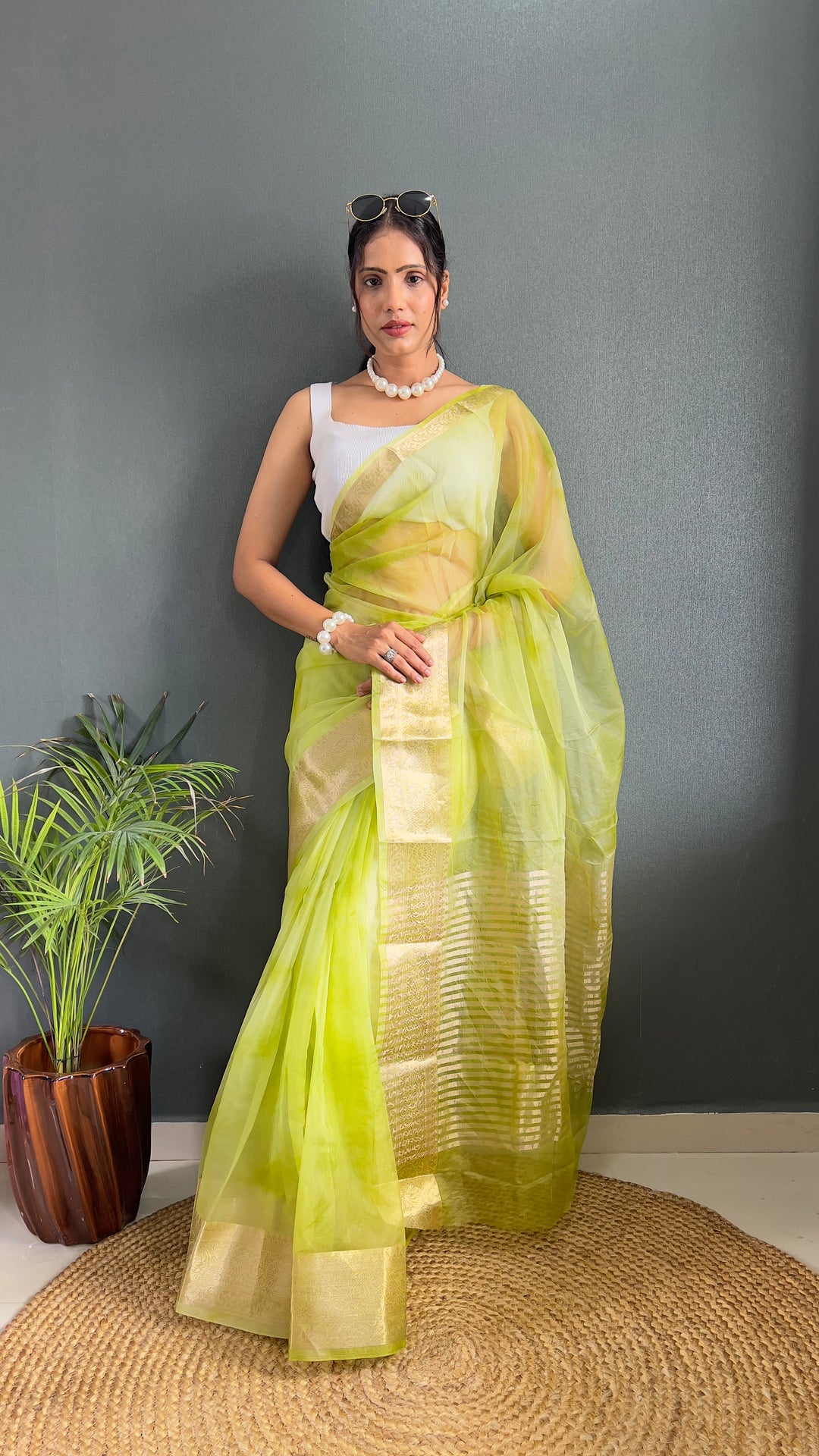 Light Green Color Kanjivaram Organza Saree Zari Weaving Work With Unstitched Blouse Piece