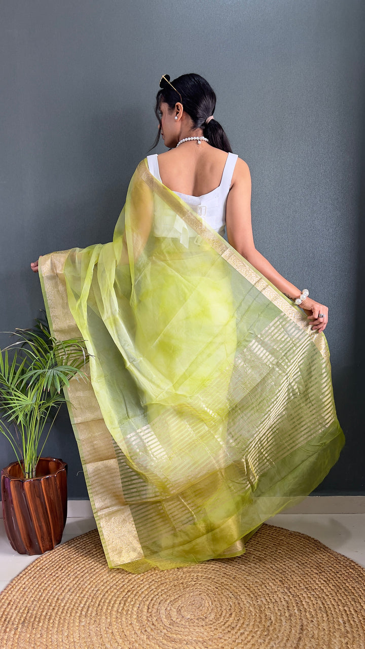 Light Green Color Kanjivaram Organza Saree Zari Weaving Work With Unstitched Blouse Piece