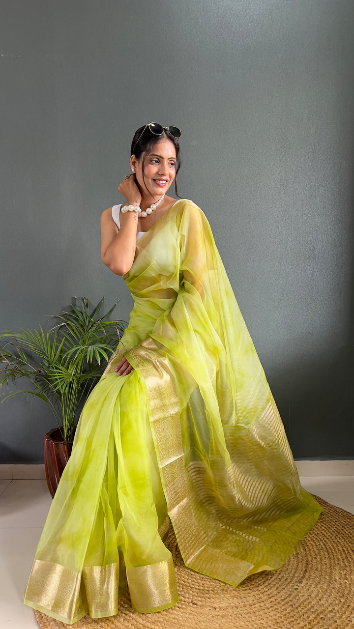 Light Green Color Kanjivaram Organza Saree Zari Weaving Work With Unstitched Blouse Piece