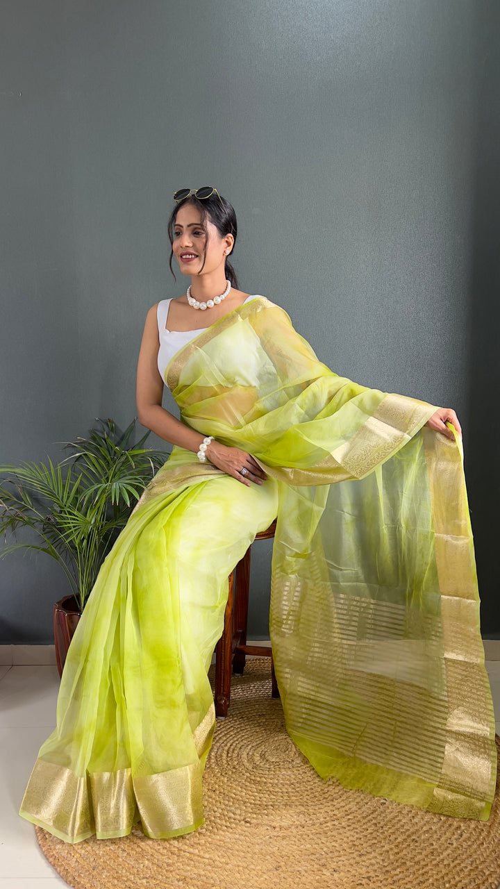 Light Green Color Kanjivaram Organza Saree Zari Weaving Work With Unstitched Blouse Piece