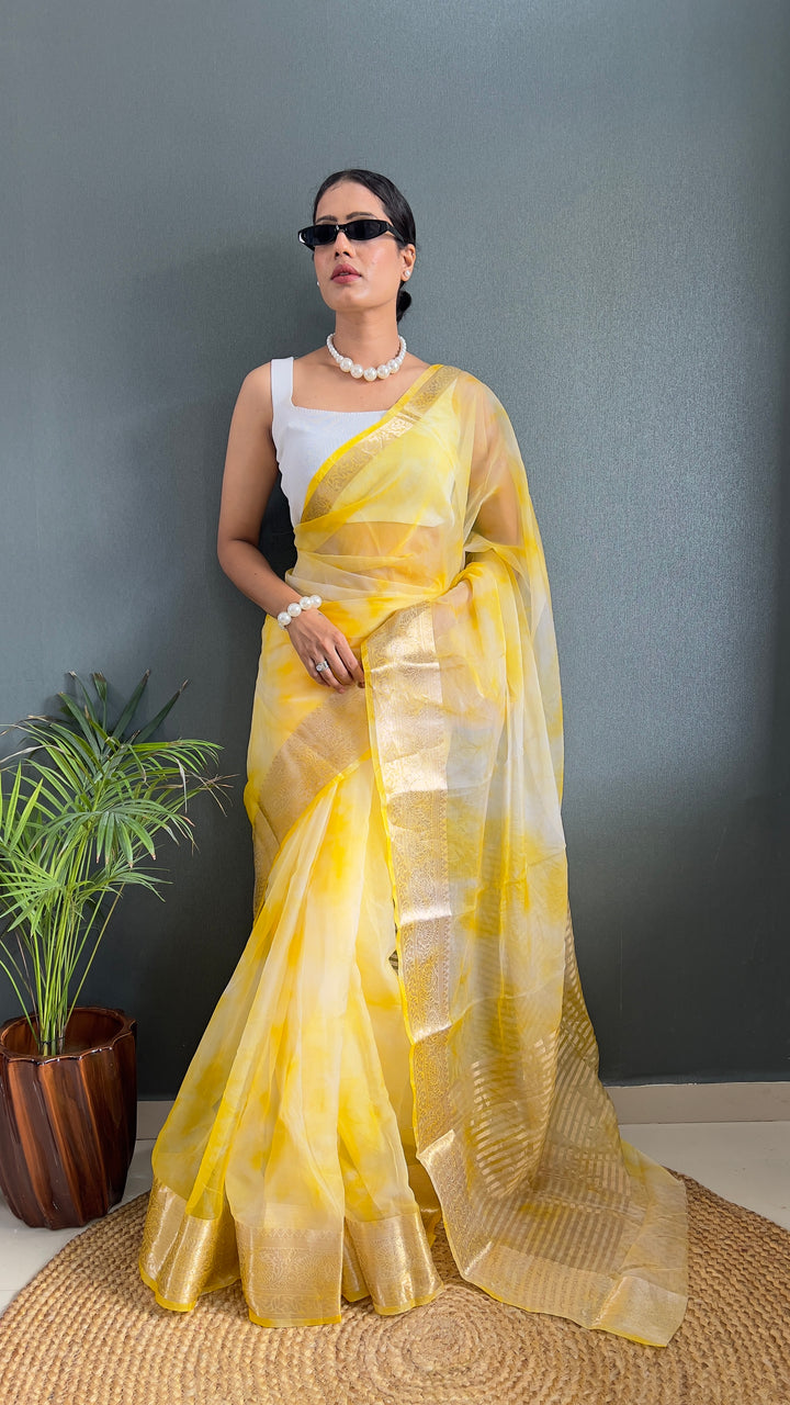 Yellow Color Kanjivaram Organza Saree Zari Weaving Work With Unstitched Blouse Piece