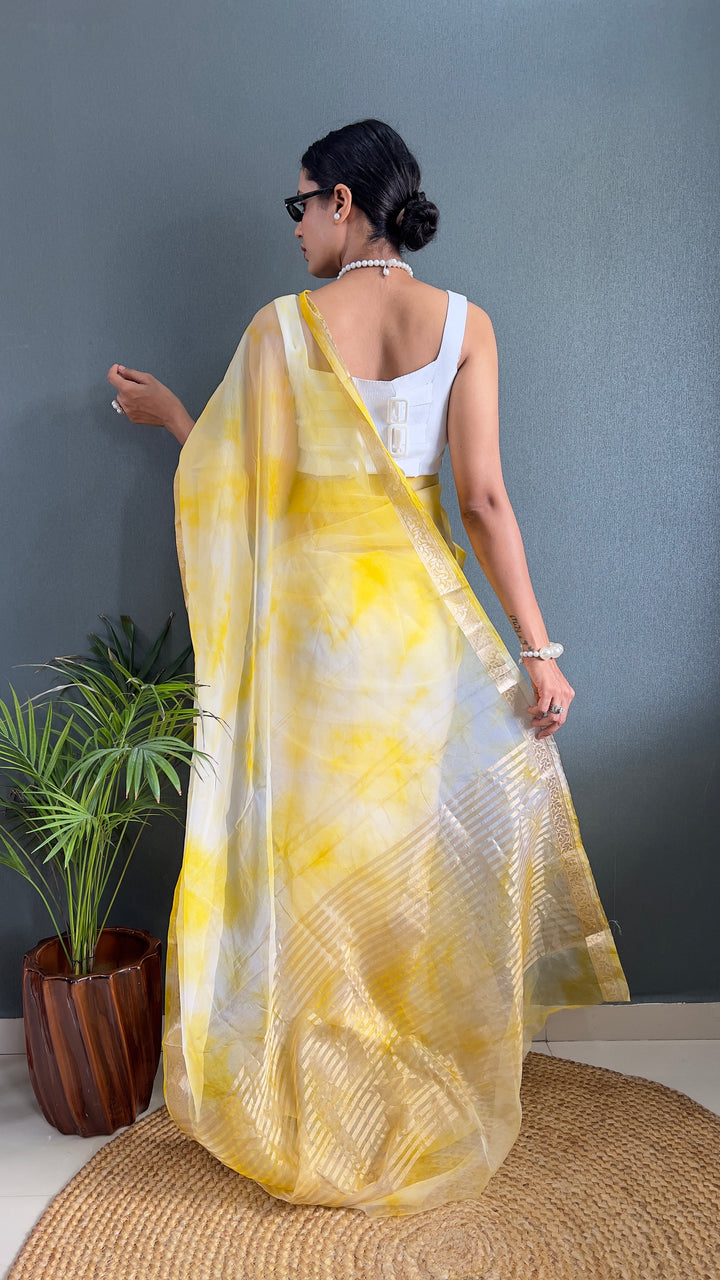 Yellow Color Kanjivaram Organza Saree Zari Weaving Work With Unstitched Blouse Piece