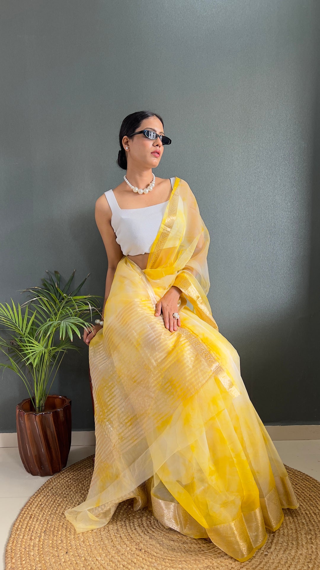 Yellow Color Kanjivaram Organza Saree Zari Weaving Work With Unstitched Blouse Piece