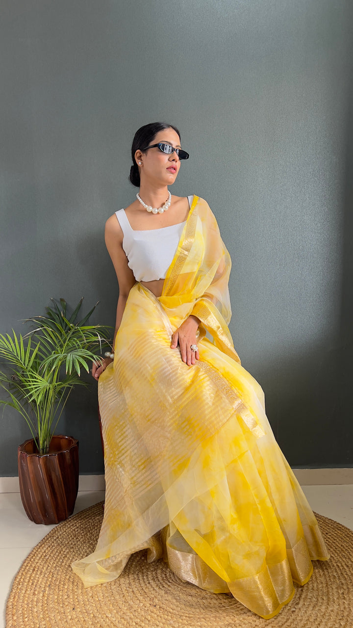 Yellow Color Kanjivaram Organza Saree Zari Weaving Work With Unstitched Blouse Piece