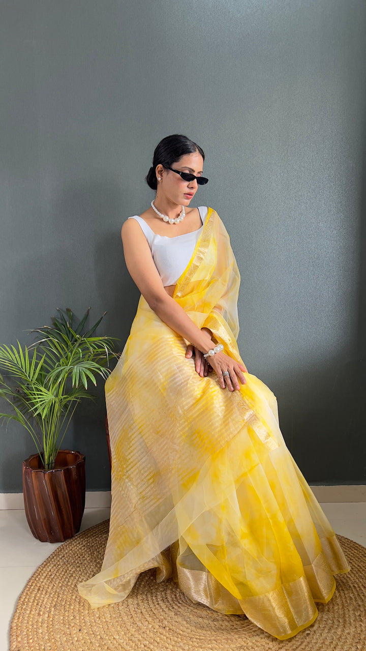 Yellow Color Kanjivaram Organza Saree Zari Weaving Work With Unstitched Blouse Piece