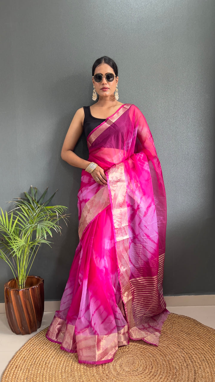 Magenta Color Kanjivaram Organza Saree Zari Weaving Work With Unstitched Blouse Piece