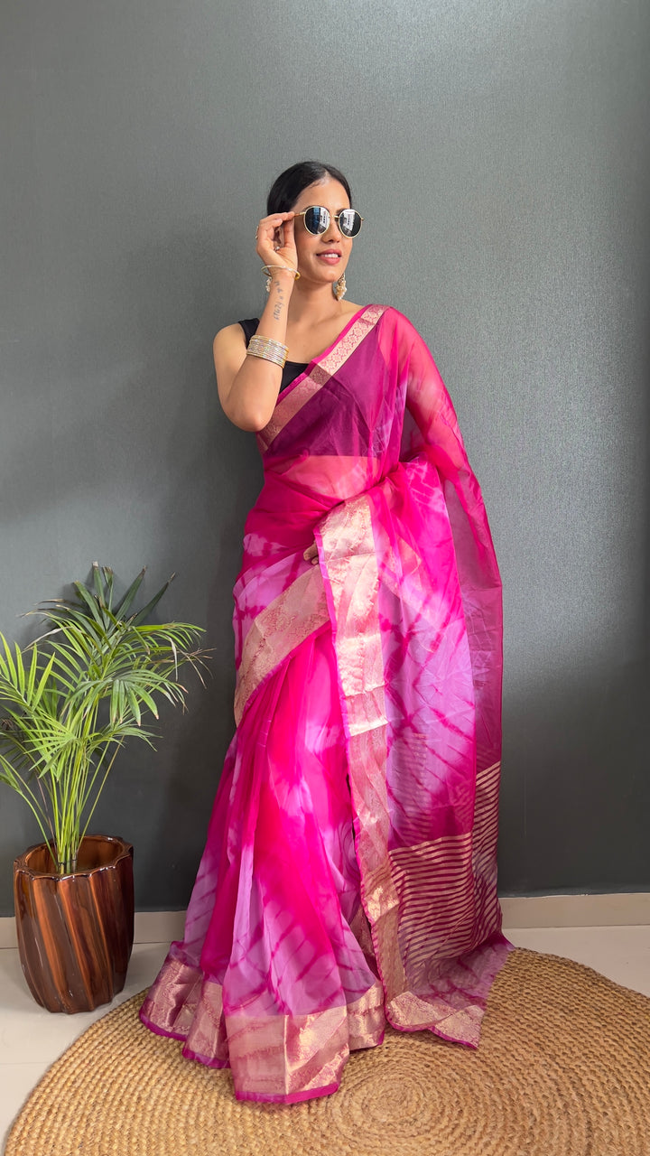 Magenta Color Kanjivaram Organza Saree Zari Weaving Work With Unstitched Blouse Piece