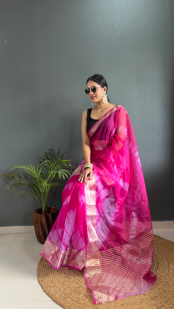 Magenta Color Kanjivaram Organza Saree Zari Weaving Work With Unstitched Blouse Piece