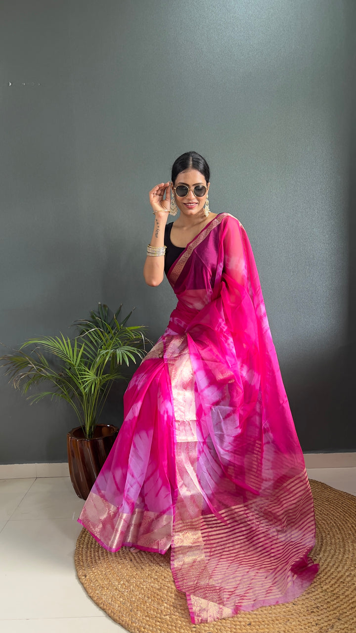 Magenta Color Kanjivaram Organza Saree Zari Weaving Work With Unstitched Blouse Piece