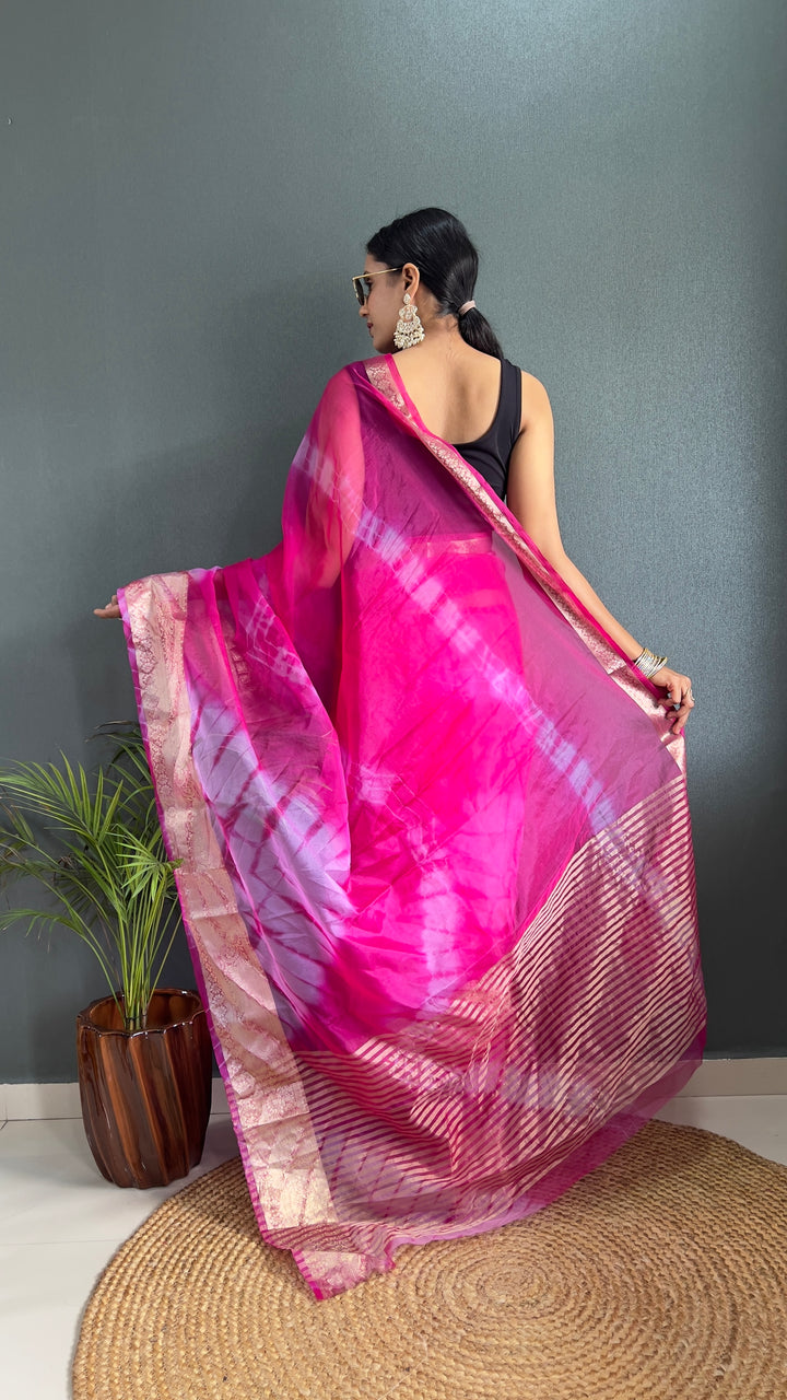 Magenta Color Kanjivaram Organza Saree Zari Weaving Work With Unstitched Blouse Piece