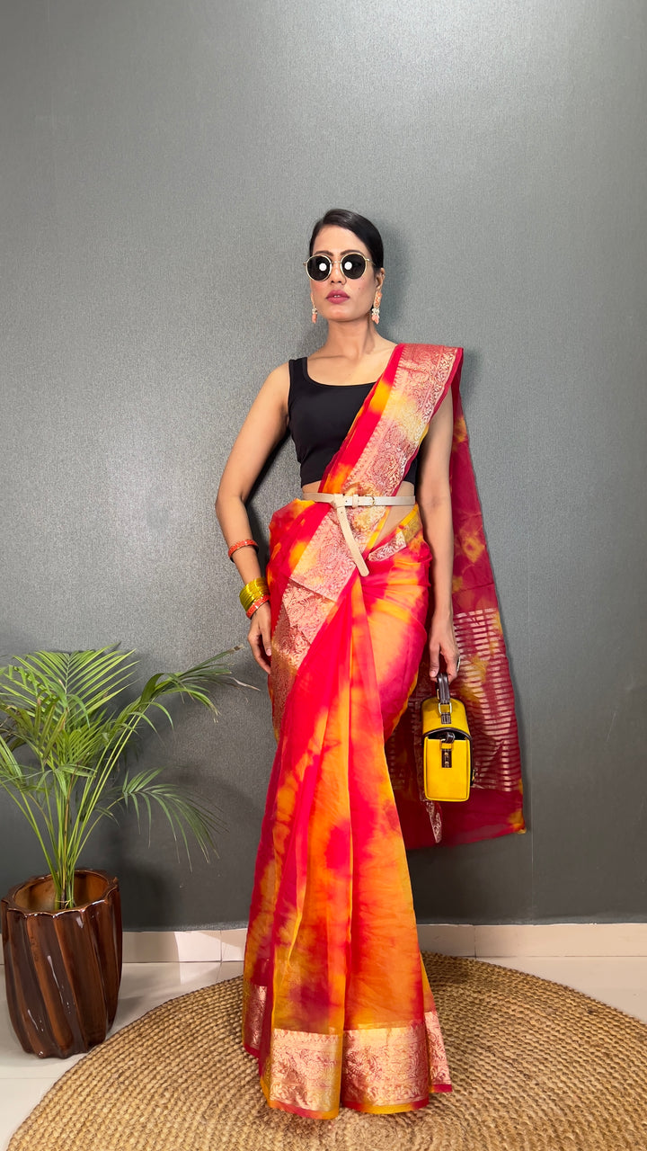 Red Color Kanjivaram Organza Saree Zari Weaving Work With Unstitched Blouse Piece