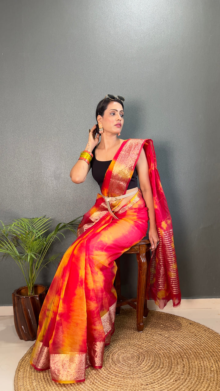 Red Color Kanjivaram Organza Saree Zari Weaving Work With Unstitched Blouse Piece