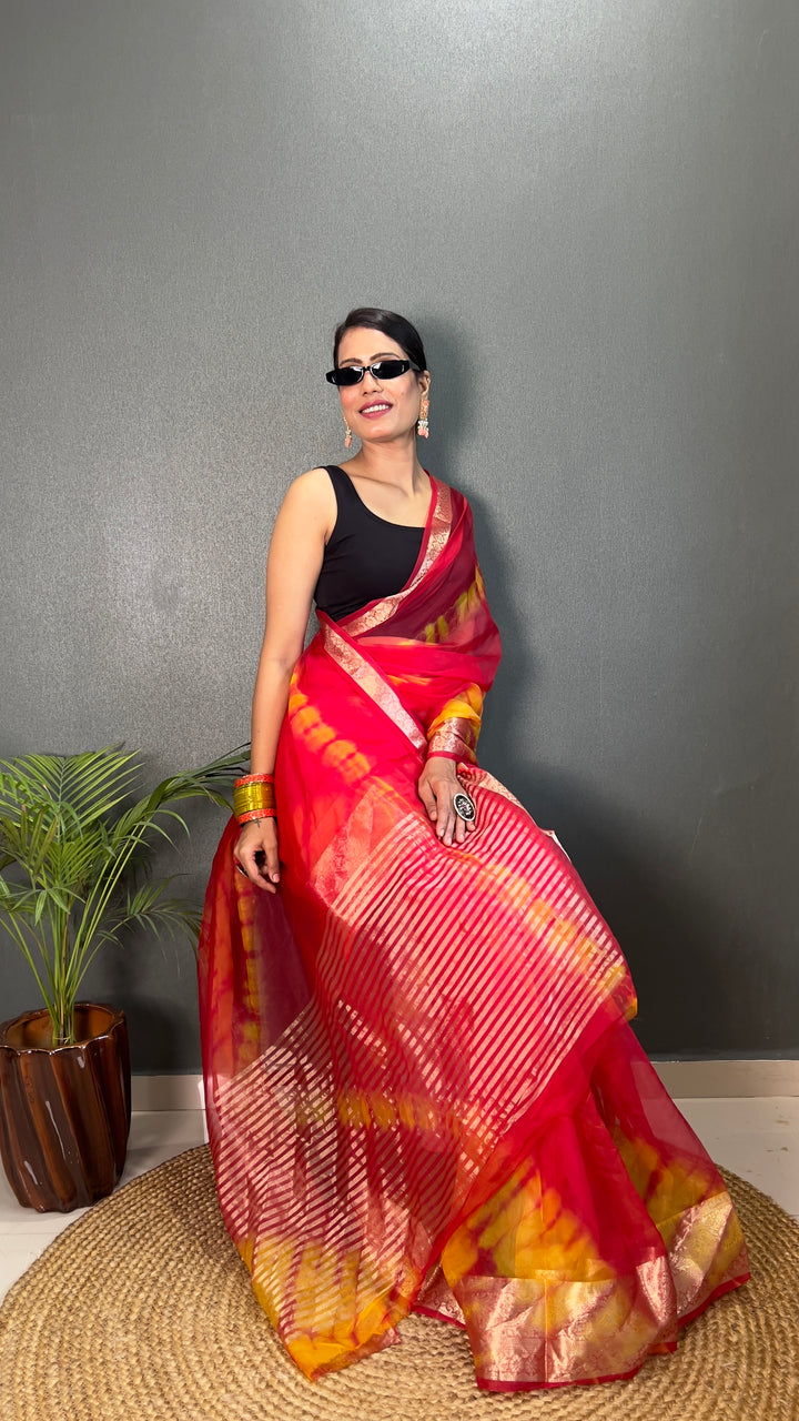 Red Color Kanjivaram Organza Saree Zari Weaving Work With Unstitched Blouse Piece