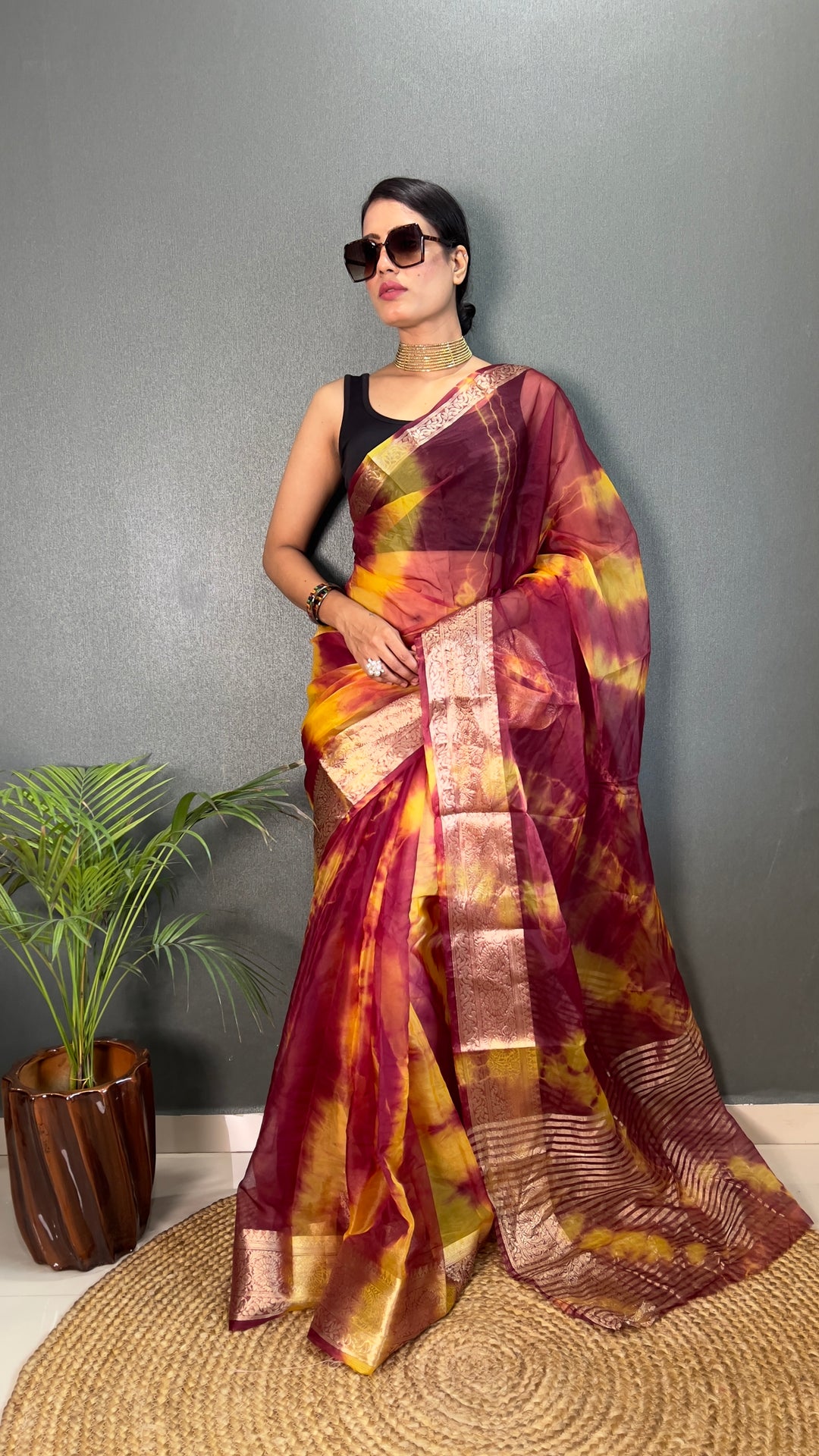 Brown Color Kanjivaram Organza Saree Zari Weaving Work With Unstitched Blouse Piece