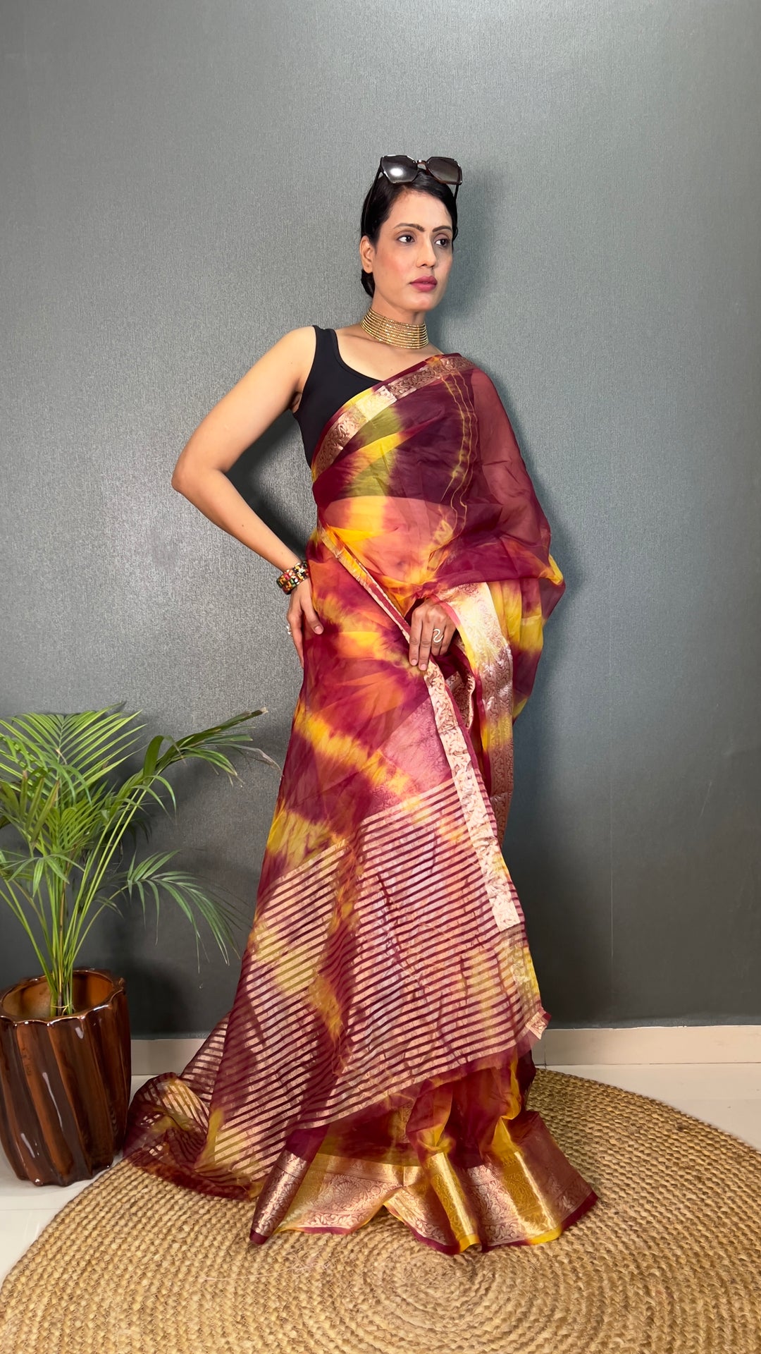 Brown Color Kanjivaram Organza Saree Zari Weaving Work With Unstitched Blouse Piece