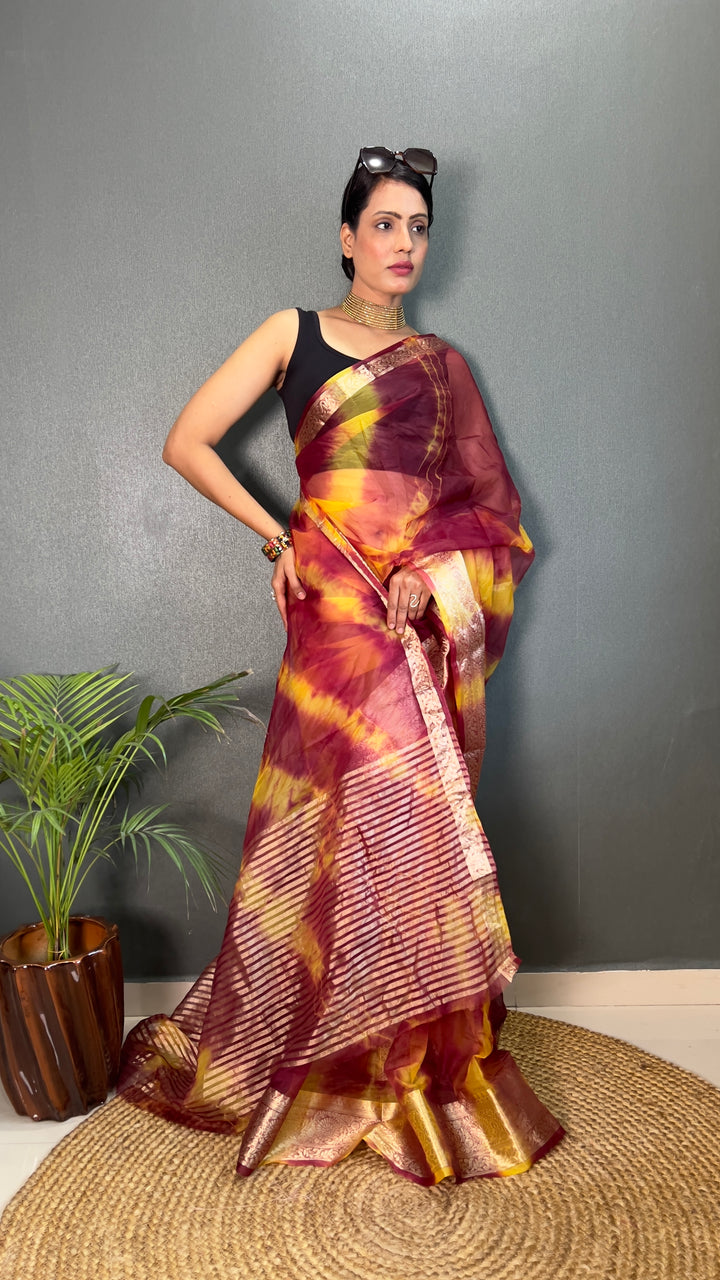 Brown Color Kanjivaram Organza Saree Zari Weaving Work With Unstitched Blouse Piece
