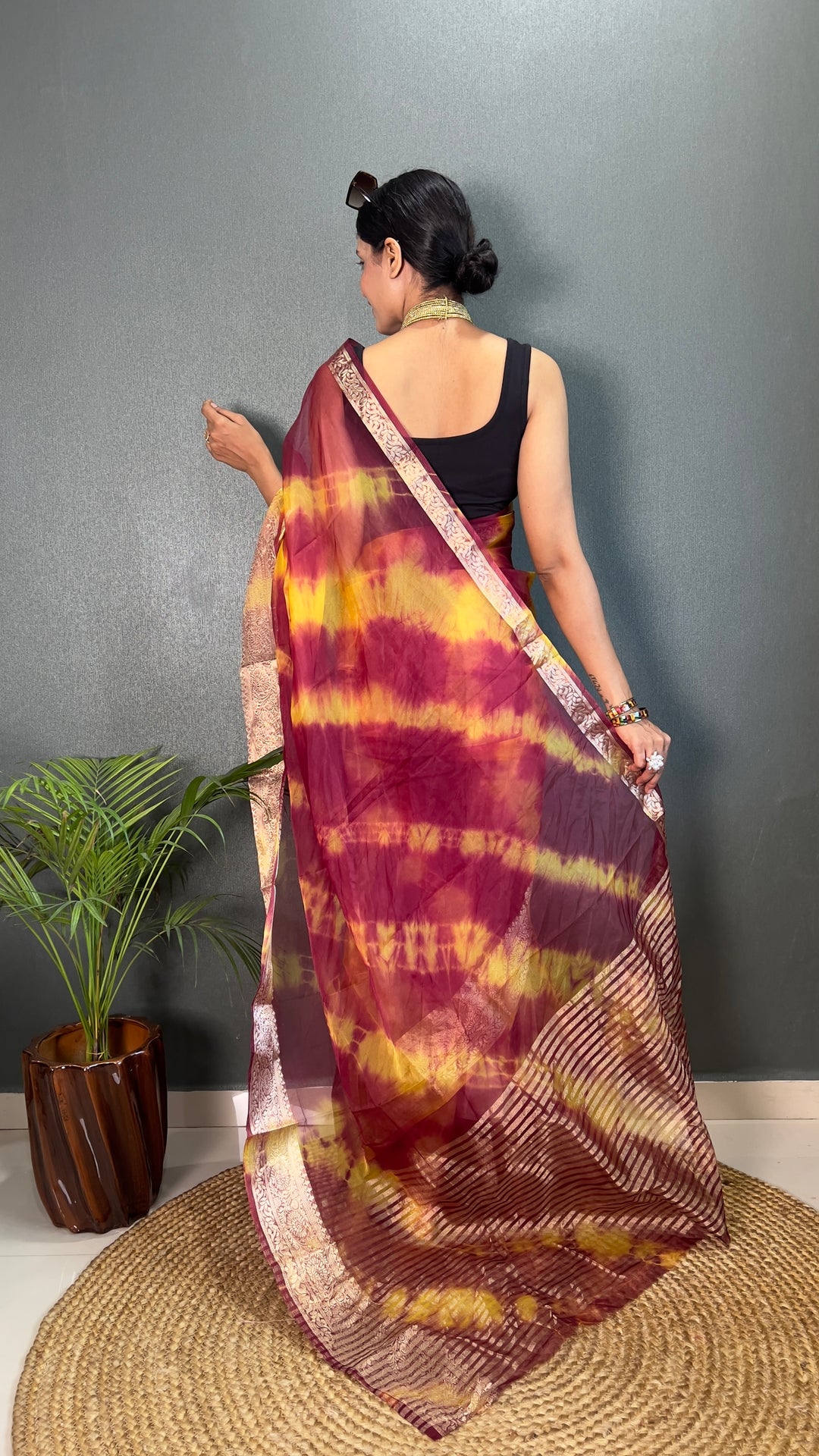 Brown Color Kanjivaram Organza Saree Zari Weaving Work With Unstitched Blouse Piece