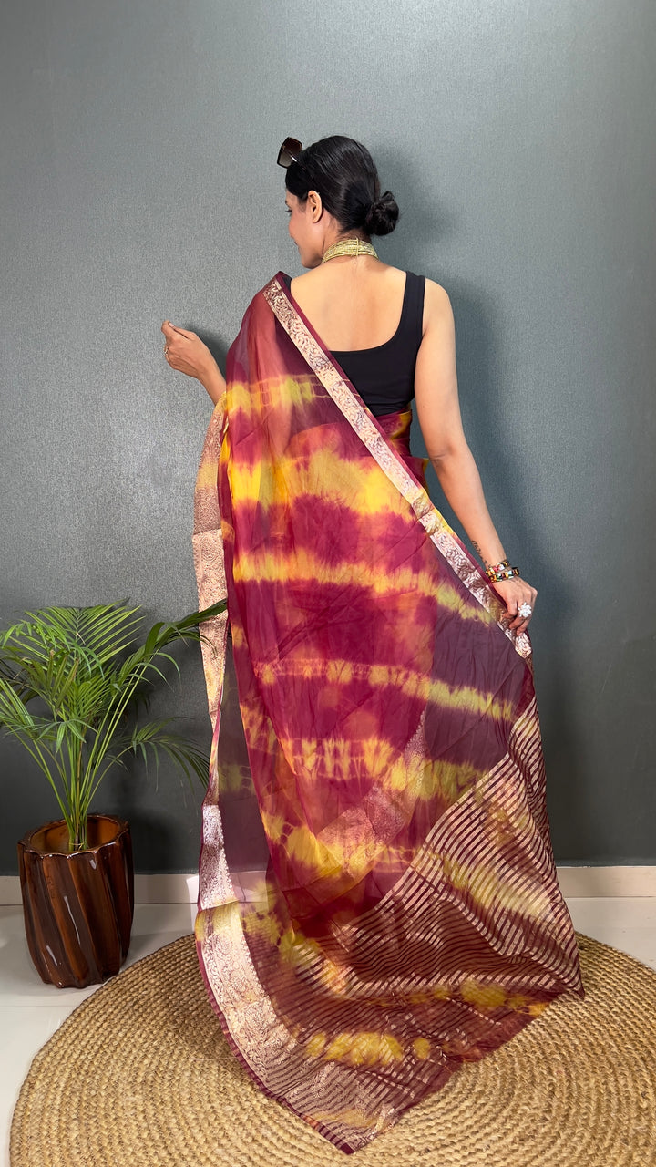 Brown Color Kanjivaram Organza Saree Zari Weaving Work With Unstitched Blouse Piece