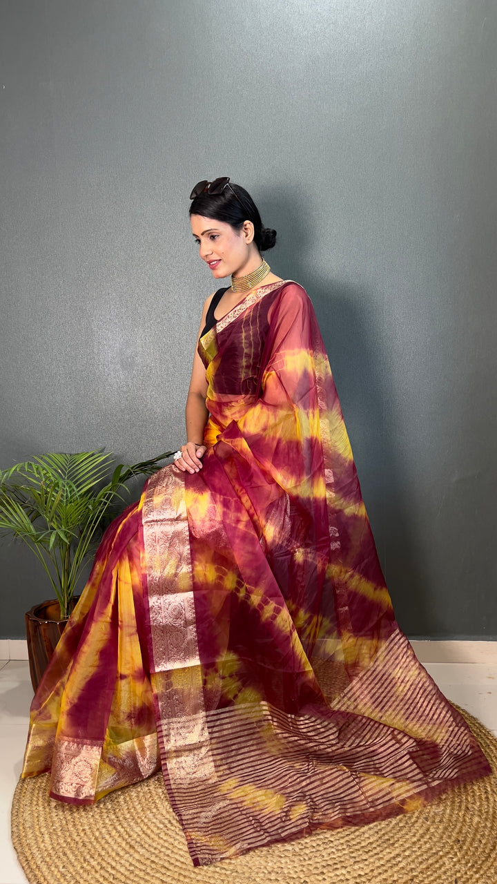 Brown Color Kanjivaram Organza Saree Zari Weaving Work With Unstitched Blouse Piece