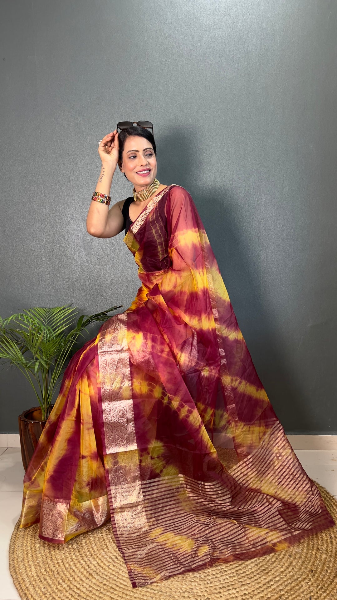 Brown Color Kanjivaram Organza Saree Zari Weaving Work With Unstitched Blouse Piece