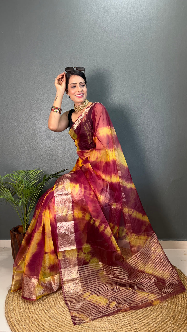 Brown Color Kanjivaram Organza Saree Zari Weaving Work With Unstitched Blouse Piece