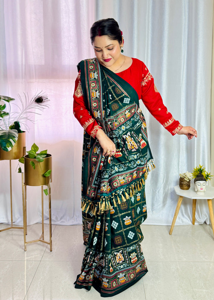 Green Colour Foil Print Traditional Patola Party Wear Saree
