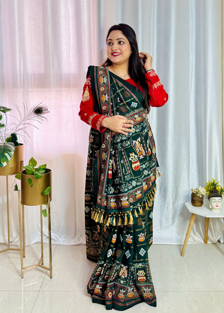 Green Colour Foil Print Traditional Patola Party Wear Saree