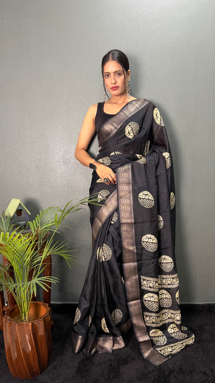 Black Color Soft Cotton Kalamkari Printed Saree With Beautiful Blouse