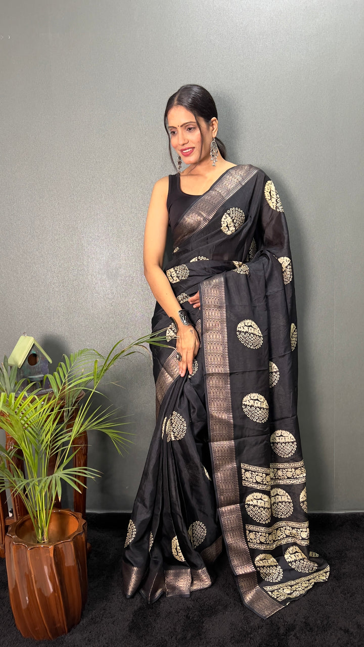 Black Color Soft Cotton Kalamkari Printed Saree With Beautiful Blouse